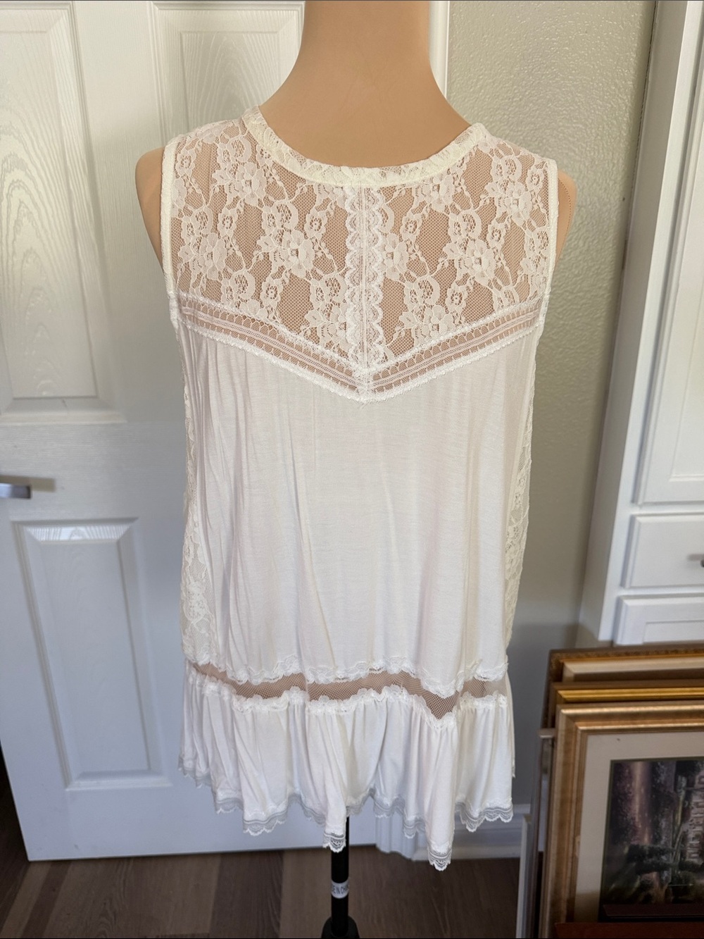 POL White Lace Sleeveless Top with Crochet Trim